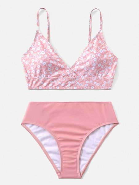 

ditsy floral surplice neck bikini swimsuit c921#, White;black