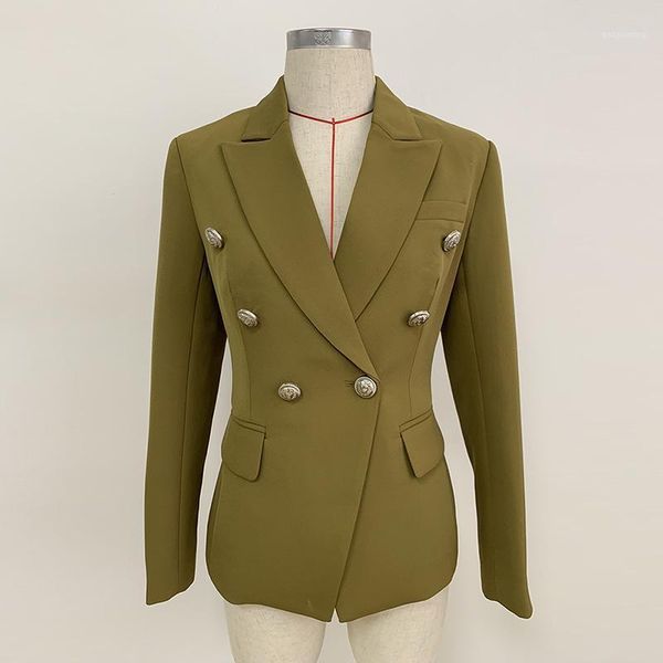 

new fashion 2020 designer blazer jacket women's lion metal buttons double breasted blazer outer coat green1, Black;brown