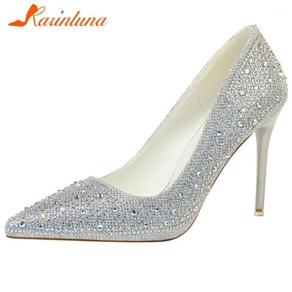 

dress shoes karin high thin heels bridal pumps shallow pointed toe women 2021 trendy crystal decorating woman1, Black