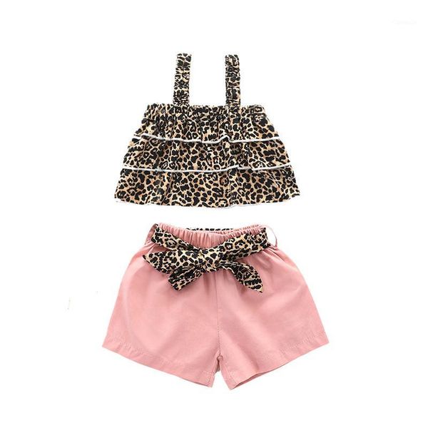 

clothing sets summer 2021 girl's clothes children bow sling t-shirt short pants leopard print kids sleeveless sets1, White