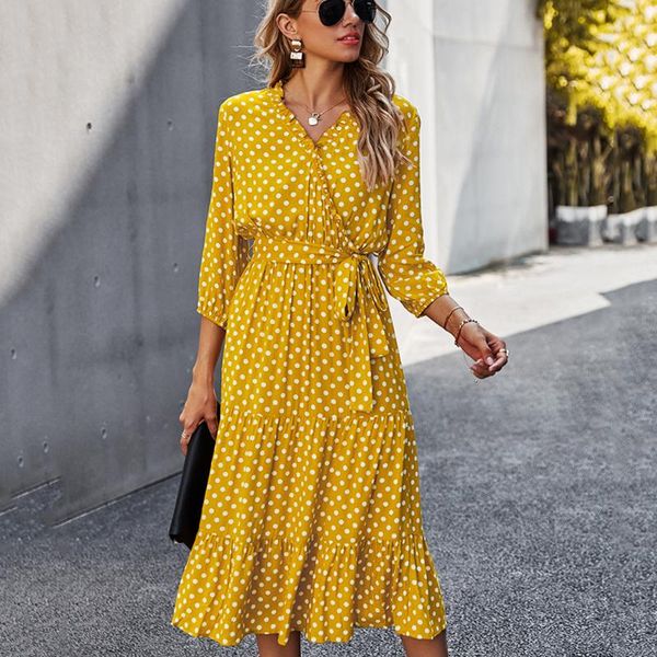 

casual dresses polka dot print maxi dress 2021 high waist v neck lace up ruffle ladies spring summer clothes elegant holiday, Black;gray