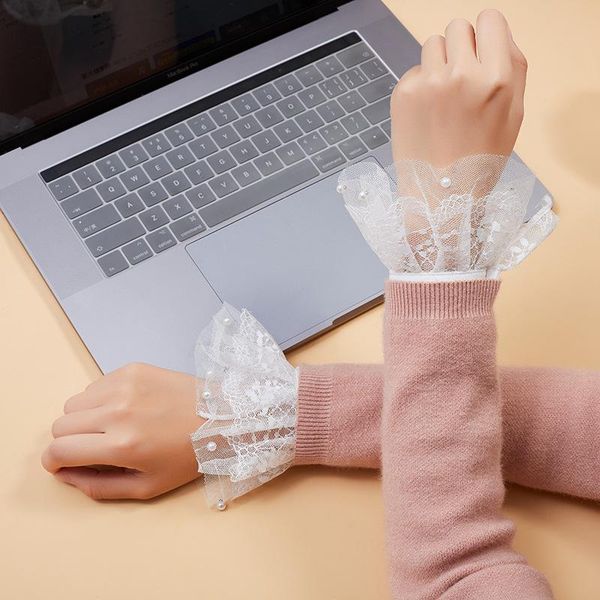 

five fingers gloves 2021 lace fake flare sleeves pleated cuff for women sweater blouse ruffles wrist warmer white detachable, Blue;gray