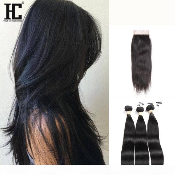 

hc brazilian straight body wave human hair bundles with closure brazilian human hair with lace closure 100% unprocessed virgin hair weaves, Black;brown