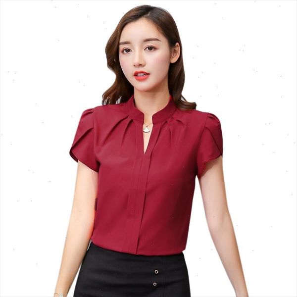 

women shirt chiffon blusas femininas short petal sleeve v neck elegant ladies formal office blouse chiffon shirt, White