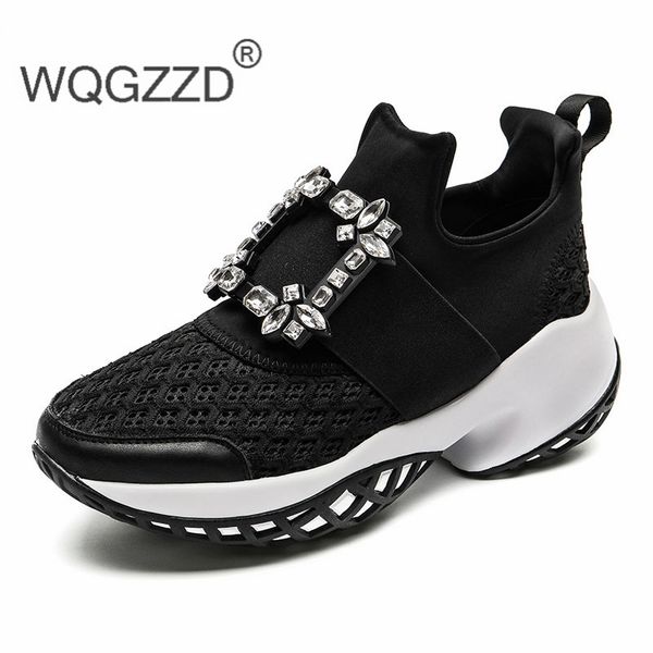 

platform sneakers crystal buckle air mesh designer trainers chunky women's sneakers vulcanized casual shoes y200424, Black