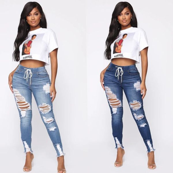 

women's ripped jeans mid-waist elastic ultra-stretch blue jeans trousers vintage hole skinny pancil pants lace up girls'1