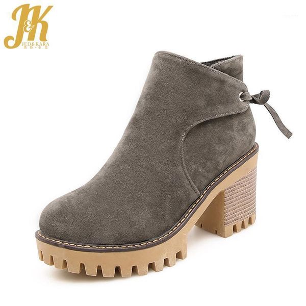 

jk flock wood high heels ankle women boots round toe cross tied footwear winter platform boot fashion shoes women 2020 new1, Black