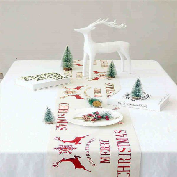 

printed cloth covers christmas table ornament cotton snowflake elk snowman santa cartoon xmas flag decor 28*270cm