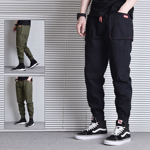 

2021 new fashion streetwear men jeans black army green loose fit casual cargo harem trousers japanese style hip hop joggers pants lejp, Blue