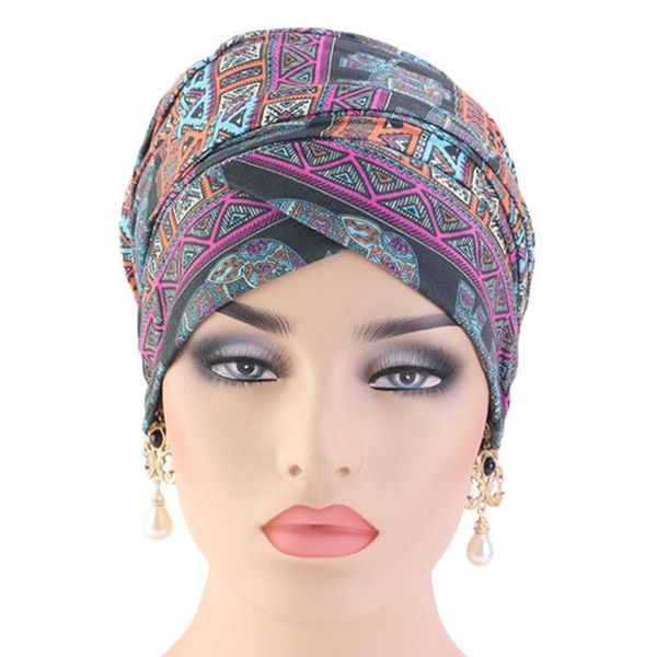 

women india turban hat headwrap muslim long tail head scarf colorful geometric floral print african stretchy beanie chemo cap, Blue;gray