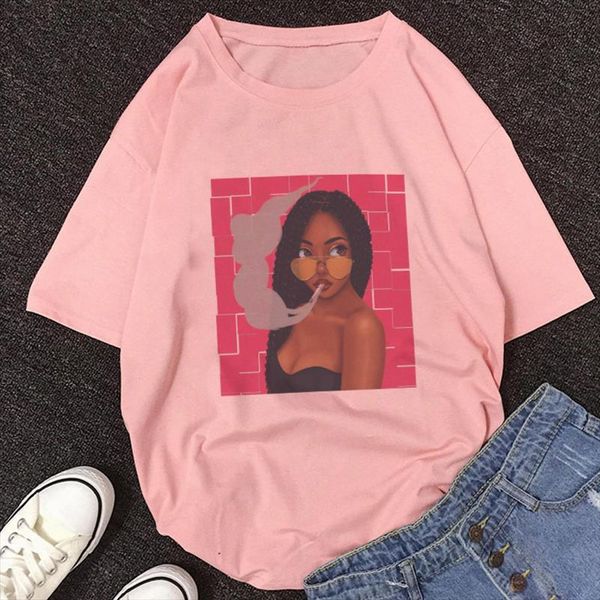 

cool melanin black girl pink t shirt women girl eating cigarette hip hop style tshirt streetwear, White