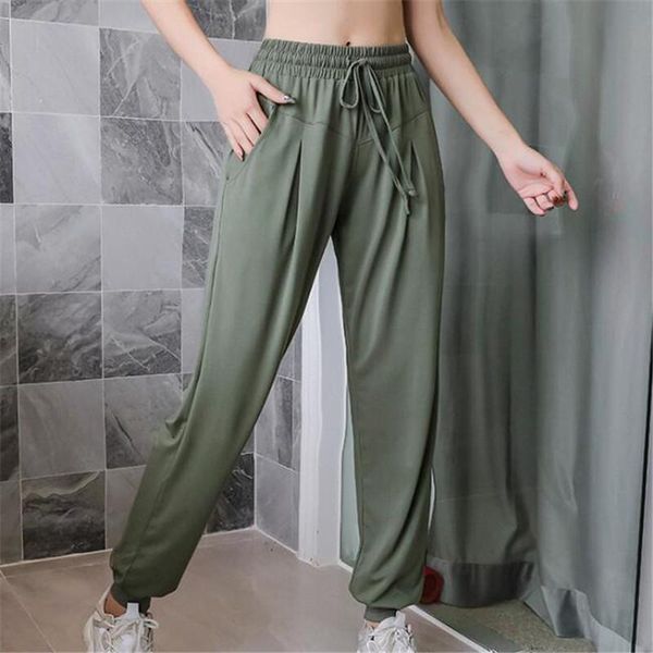 

loose gym yoga pants workout sport joggers women waist drawstring fitness running sweatpants with two side pocket kg-934, White;red
