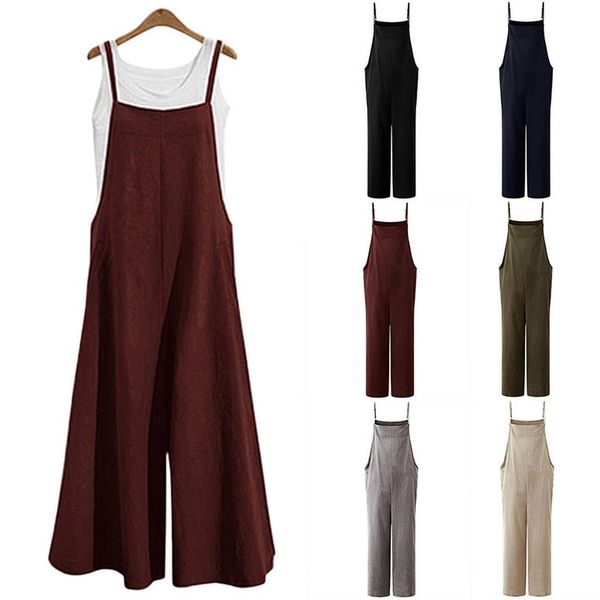 

2020 women fashion sleeveless straps jumpsuits summer wide leg trousers solid loose rompers ladies casual long pants overalls, Black;white