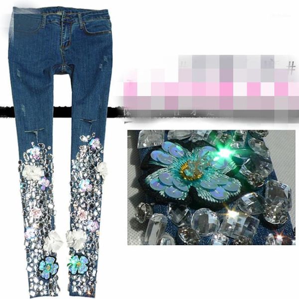 

women fashion embroidered flower beading diamond skinny hole pencil jeans1, Blue