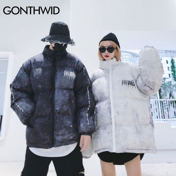 

gonthwid graffiti ink tie dye print cotton padded puffer parka jackets streetwear hip hop winter casual punk rock parkas hipster 201204, Black