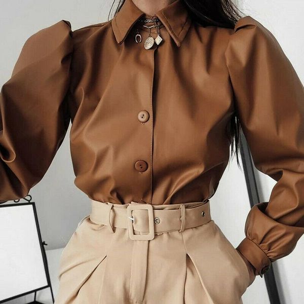 

women long lantern sleeve faux leather button-down collar casual blouse new fashion female shirts, White