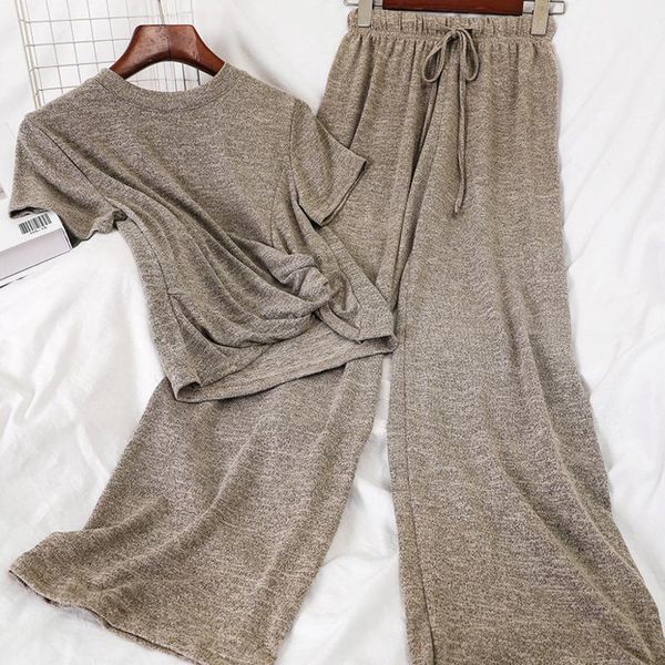 

knitted 2 pants set short sleeve knit shirt and wide leg long pants with drawstring 2 piece set for summer autumn1, White