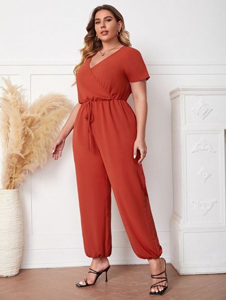 

plus surplice neck batwing sleeve knot front jumpsuit b2hy#, Black
