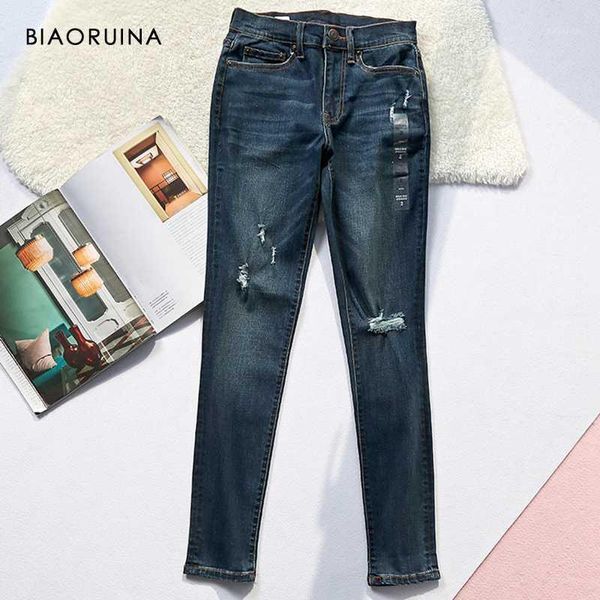 

biaoruina women's classic fashion ripped jeans mid-high waist skinny washing bleached casual pencil jeans plus size1, Blue