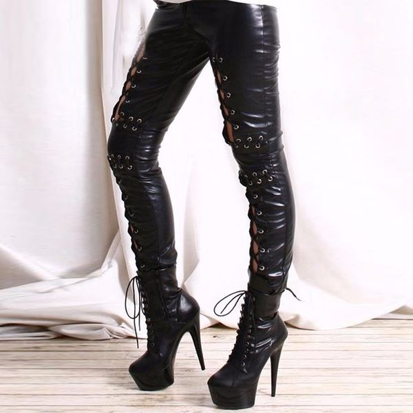 

gothic women hollow out lace up pant punk rock faux leather leggings lady night club leather leggings 201202, Black