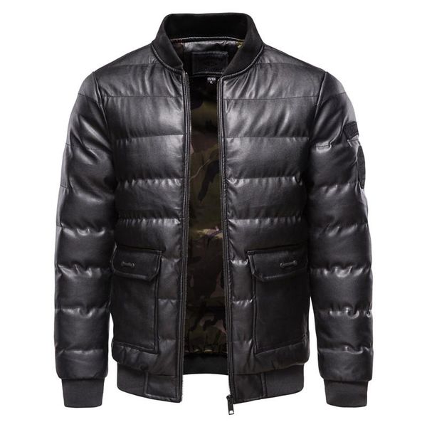 

fall winter new cotton-padded men's pu leather jacket casual slim bomber jacket men warm parka mens winter jackets and coats, Black