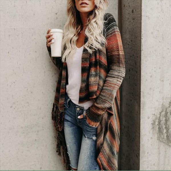 

women sweater autumn winter women stripe poncho tassels shawl loose sweater cardigan coat drop shipping high quality, White;black