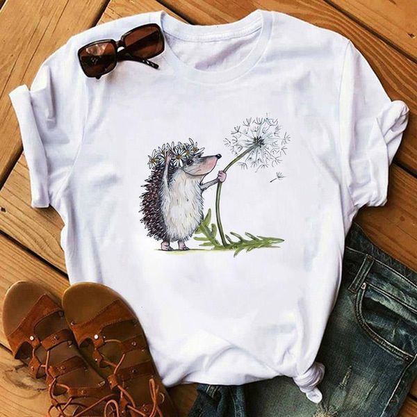 

new women t-shirt hedgehog with dandelion tshirt loose summer tee shirt round neck t-shirts female cute kawaii tee shirts clothe, White