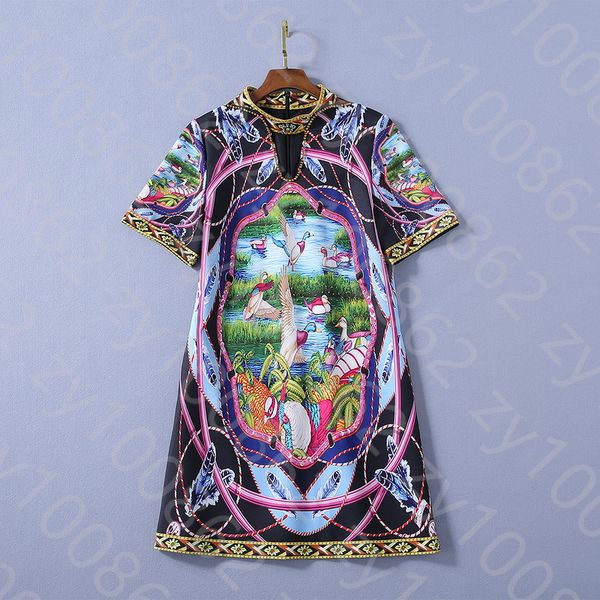 

European and American women's dress 2020 summer new styles Short sleeve nail bead stand collar goose print Fashionable dress, Black;gray