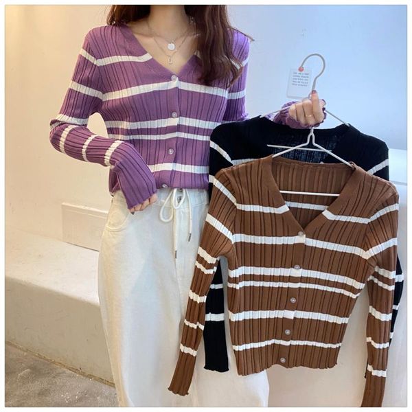 

women's knits & tees striped sweater cardigan women v-neck knitted full sleeve sweaters cardigans lady vintage simple casual crop, White