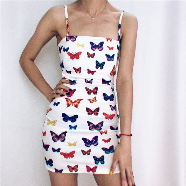 

rapwriter high street butterfly print spaghetti strap sheath dress women 2020 summer bodycon backless ladies party mini dress y0118, Black;gray