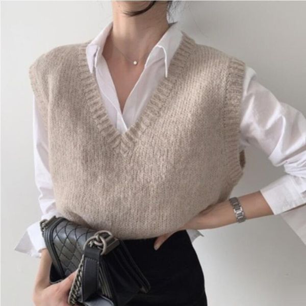 

women's vests spring autumn winter women knitted sweater sleeveless korean loose vest ladies v-neck pullover waistcoat female coats, Black;white