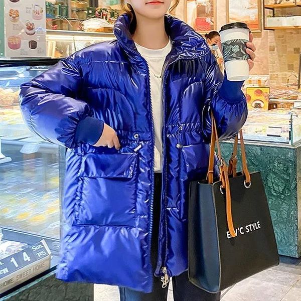 

winter jacket women shiny fabric thicken down cotton padded parkas fashion stand collar warm coat female outwear snow wear1, Black