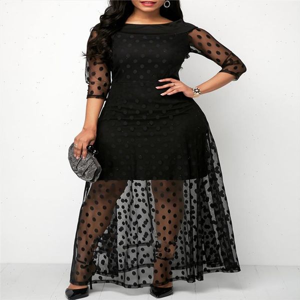 

women ankle length stitching polka dot lace dress ladies summer mesh black long maxi dress casual straight maxi dresses, Black;gray