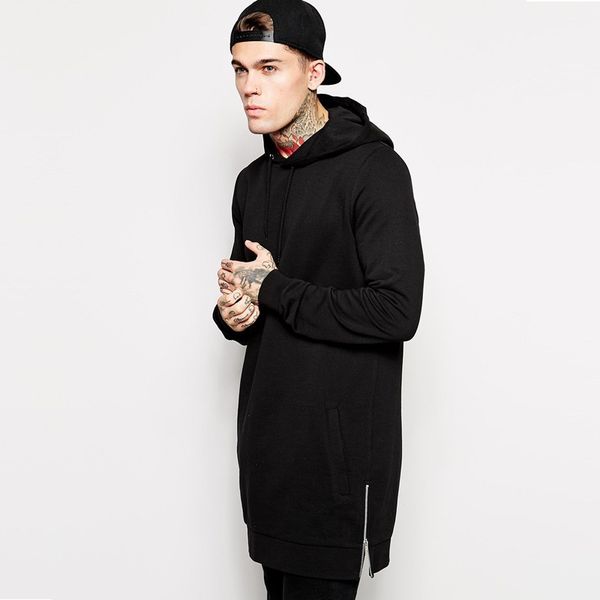 

2020 men's hip hop fleece sweatshirts with hoody side zip to hem design long sweat shirt men longline hoodies for men, Black