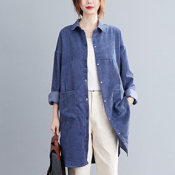 

2021 new corduroy autumn winter outwear blouse pockets solid color loose women casual blouse shirts female spring long, White