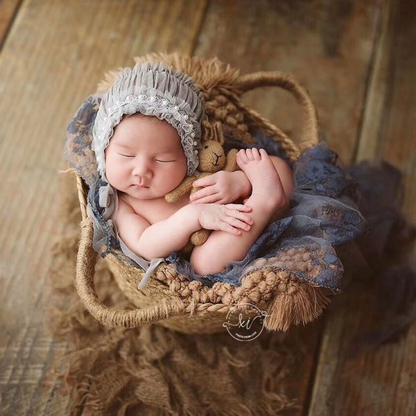 Adereços para fotografia de cesta recém-nascida, berço de palha tecido à mão para adereços de fotografia de bebê LJ201105