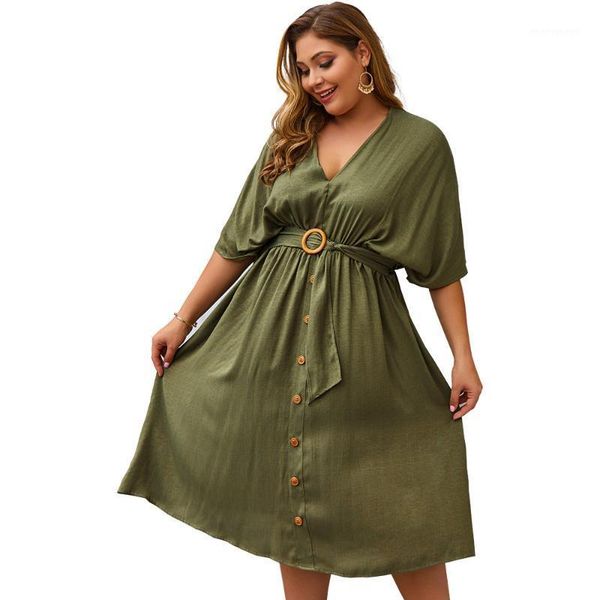 

casual dresses women's dress plus size fashion product v-neck solid color high waist middle sleeve belt button five-point dress1, Black;gray