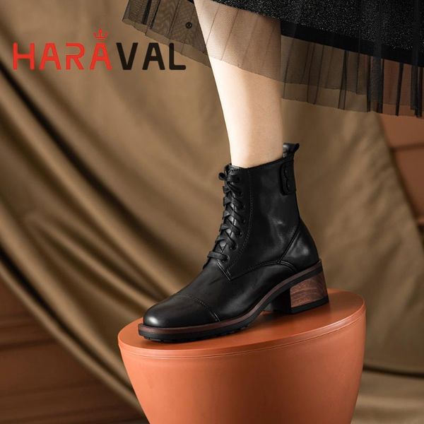 

haraval women leather ankle boots lace up zipper biker walking motorcycle boots high heel waterproof slip lady shoes black e153l