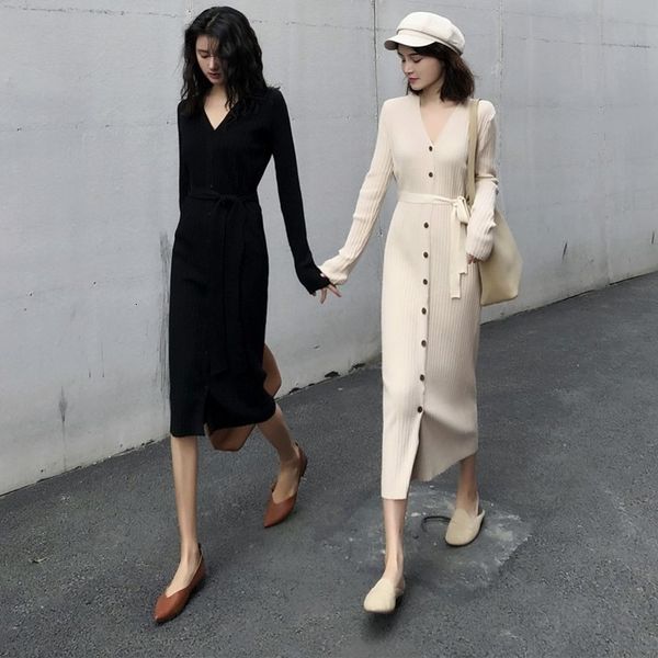

autumn 2020 new french v-neck long sleeve waistband lace up mid length skirt temperament knitted dress for women