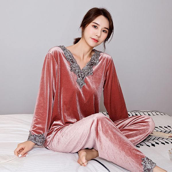 

2021 Autumn New Women 2PCS Pajamas Set Velvet Sleepwear Nightwear Lace Pijamas Suit Casual Shirt&Pants Bathrobe Velour Homewear, Burgundy