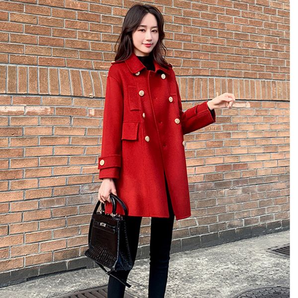 

size wool plus women's long korean loose double breasted woolen coat female outerwear 2021 new spring autumn abrigo mujer, Black