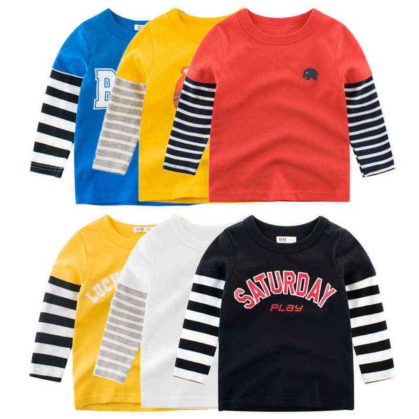 

autumn cotton letter print t-shirts for boy children kids clothes tee baby boys girls stripe long sleeve t shirt 2-9 years g1224, Blue
