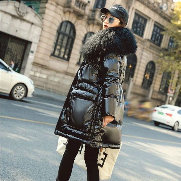 

2020 winter jacket parkas womens 90% white duck down coat patent leather bright loose real mongolian lamb fur collar thick coats, Black