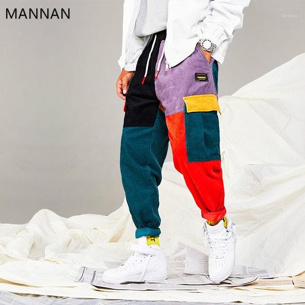 

mannan hip hop pants vintage color block patchwork corduroy cargo harem pant streetwear harajuku jogger sweatpant cotton trouser1, Black