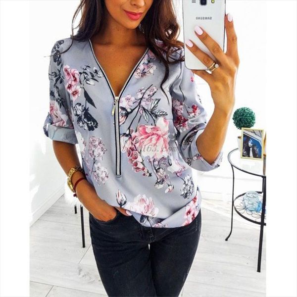 

womens 2020 summer v neck zipper floral print casual loose shirts ladies long sleeve blouse plus size s 5xl, White