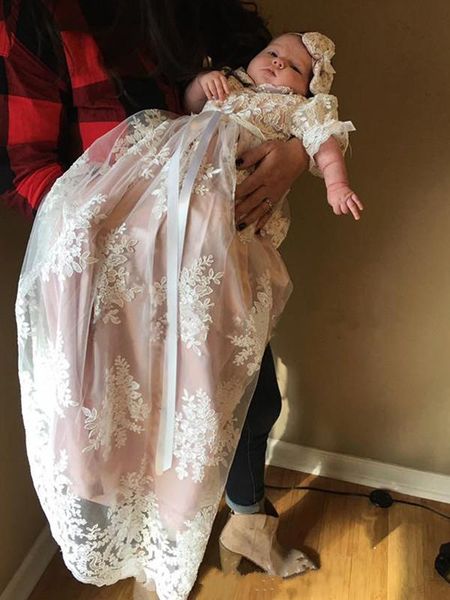 

girl's dresses first communion lace christening dress edge full length half sleeves baptism gowns outfits infant baby wear +head flower, Red;yellow