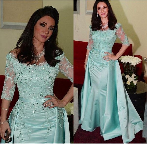 Vestidos de noite Mint Green Bateau Pescoço Lace Applique Grânulos Mangas Mangas Satin Overskes Sereia Plus Size Madre Prom Guest Dress