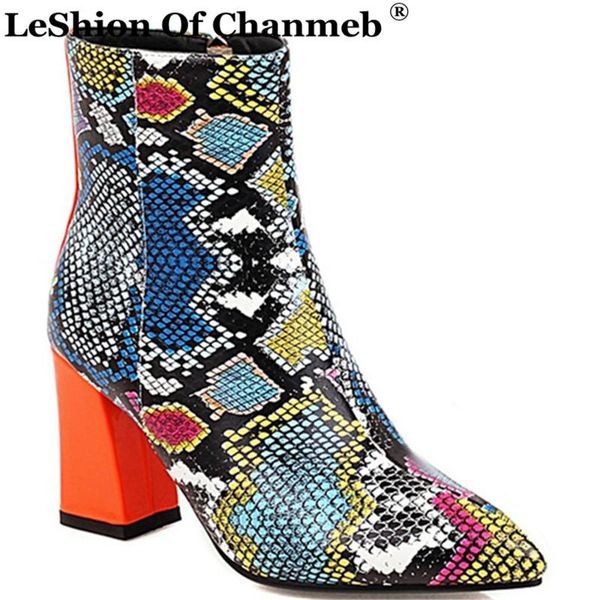 

fashion square высокие каблуки ботильоны женщин 2021 осень-зима zipper остроконечные toe серпантин python змея печати короткие пинетки башма, Black