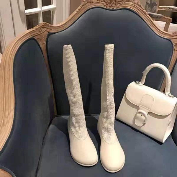 

boots all soft leather horse quality assurance round head high tube low heel fashion slim elastic socks women 2021 1, Black
