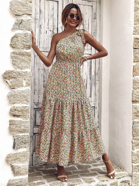 

allover floral one shoulder a-line dress e62q#, Black;gray